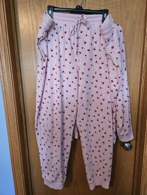 Pink Cherry Print Ribbed Pajama Set